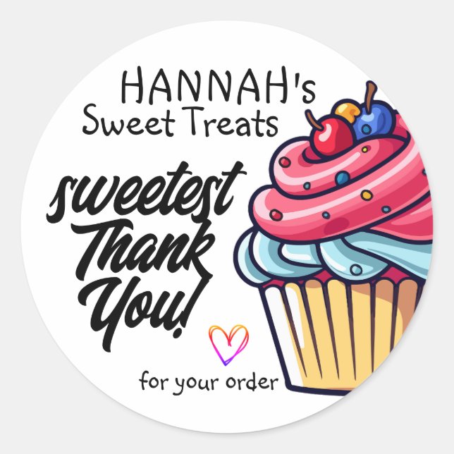 Adesivo Redondo Cupcake rosa com cerejas no topo Obrigado (Frente)