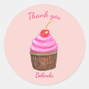 Adesivo Redondo Cupcake rosa com um favorito personalizável de cer