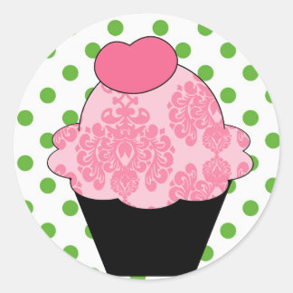 Adesivo Redondo CUPCAKE rosa do Rico KRW com pontos verdes