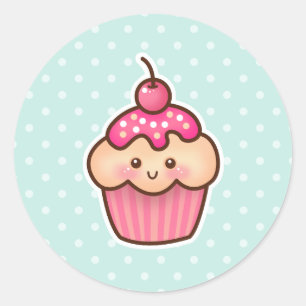 Adesivo Redondo Cupcake rosa Kawaii e Bolinhas azuis de Casa Branc