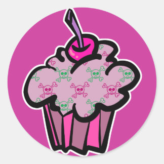 Adesivo Redondo cupcake rosa punk crânio ossos cruzados