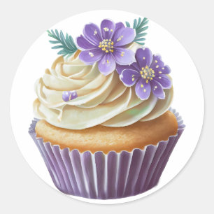 Adesivo Redondo Cupcake roxo com flores