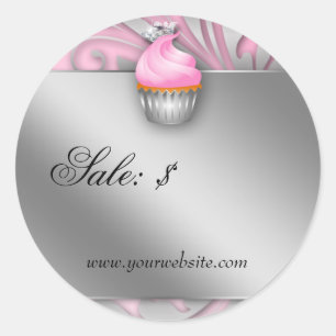 Adesivo Redondo Cupcake Sticker Price Tag Crown Classwn Prata Rosa