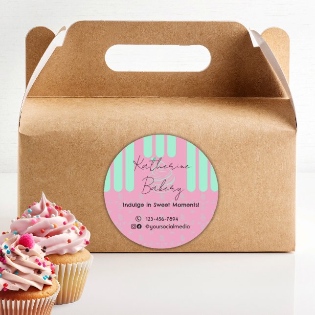 Adesivo Redondo Cupcake Strips Pink Mint Bakery Business (Criador carregado)