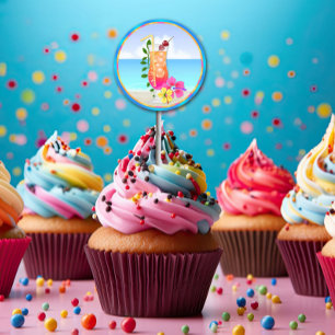 Adesivo Redondo Cupcake Tropical Hawiian Luau
