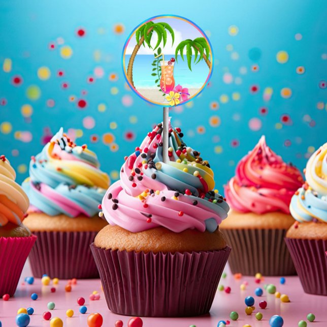 Adesivo Redondo Cupcake Tropical Hawiian Luau Topkers Stickers (Criador carregado)