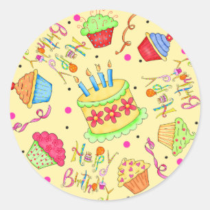 Adesivo Redondo Cupcakes Amarelos e Feliz Aniversário do Bolo