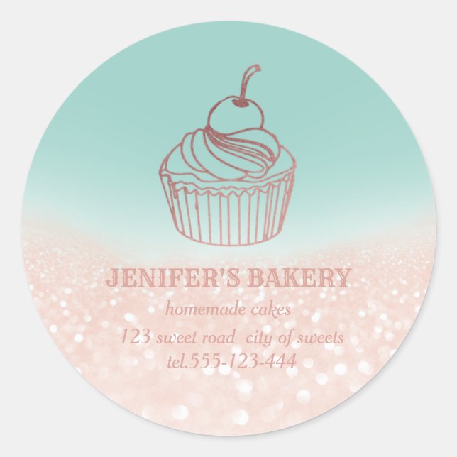 Adesivo Redondo Cupcakes e doces caseiros de Rosa dourado (Frente)