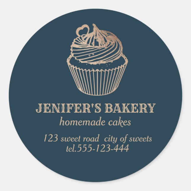 Adesivo Redondo cupcakes e doces caseiros de rosa gold (Frente)