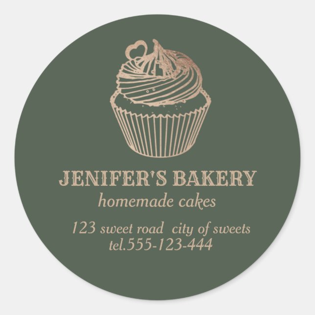 Adesivo Redondo cupcakes e doces caseiros de rosa gold (Frente)
