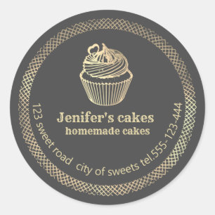 Adesivo Redondo Cupcakes e embalagens Douradas caseiras