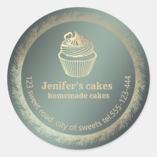 Adesivo Redondo cupcakes e embalagens Douradas caseiras