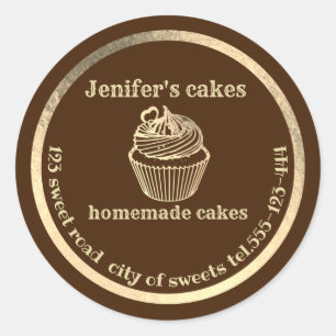 Adesivo Redondo cupcakes e embalagens Douradas caseiras