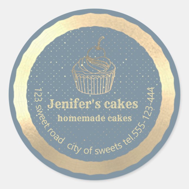 Adesivo Redondo cupcakes e embalagens Douradas caseiras (Frente)