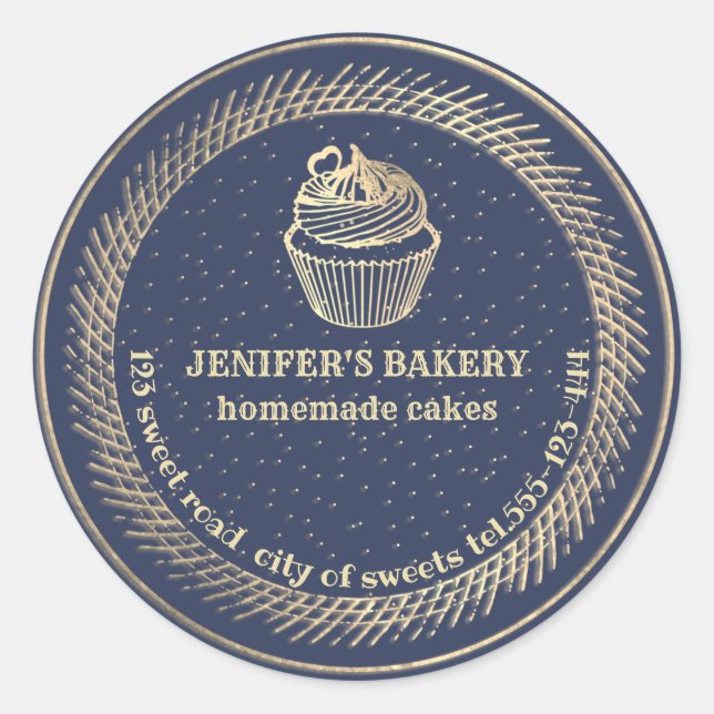 Adesivo Redondo cupcakes e embalagens Douradas caseiras (Frente)