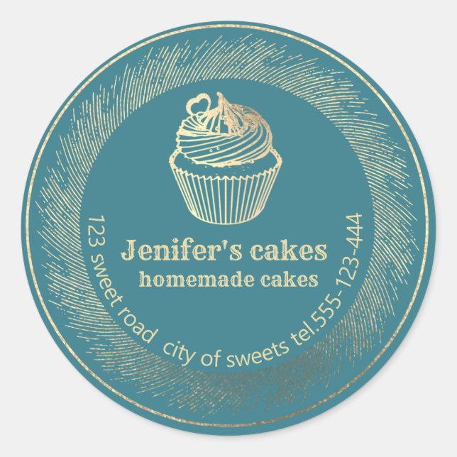 Adesivo Redondo cupcakes e embalagens Douradas caseiras (Frente)