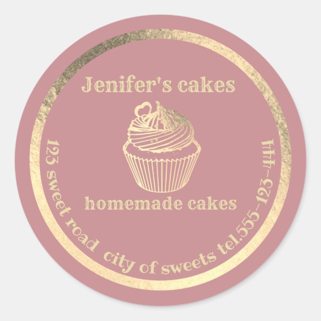 Adesivo Redondo cupcakes e embalagens Douradas caseiras (Frente)