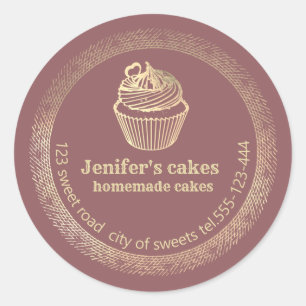 Adesivo Redondo Cupcakes e embalagens Douradas caseiras