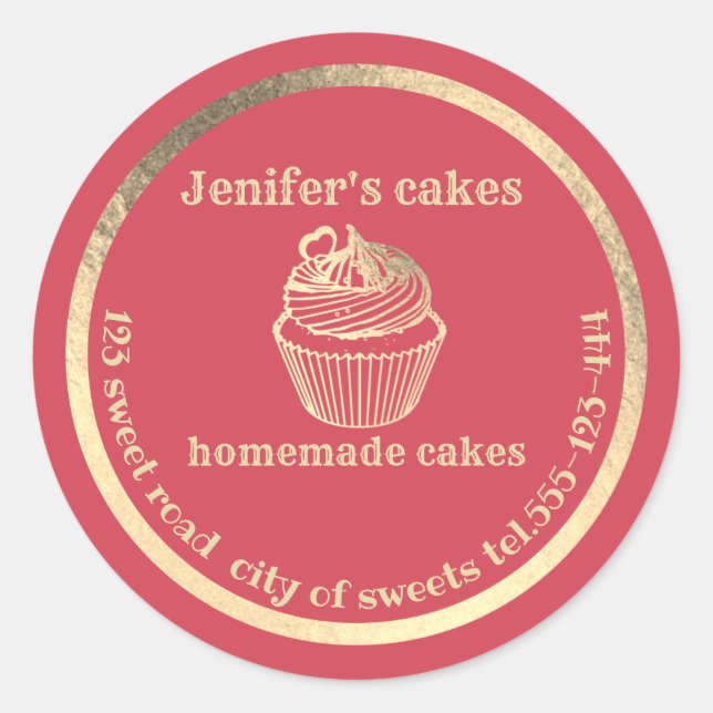 Adesivo Redondo cupcakes e embalagens Douradas caseiras (Frente)