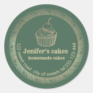 Adesivo Redondo Cupcakes e embalagens Douradas caseiras