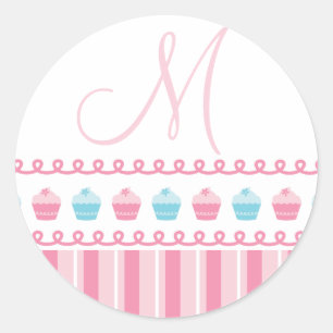 Adesivo Redondo Cupcakes Monogramas M Pinstripes Pink Blue Sticker