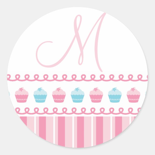 Adesivo Redondo Cupcakes Monogramas M Pinstripes Pink Blue Sticker (Frente)