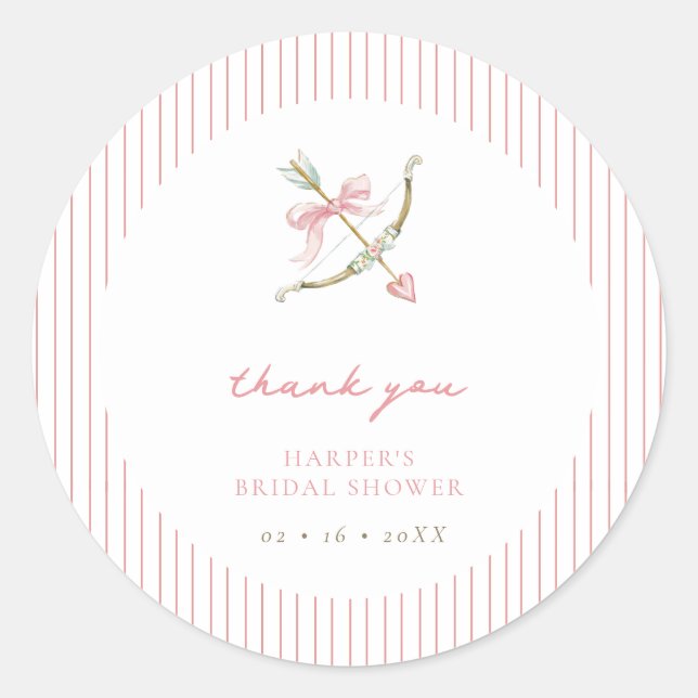 Adesivo Redondo Cupid Arrow & Stripes Bridal Shower Thank You (Frente)