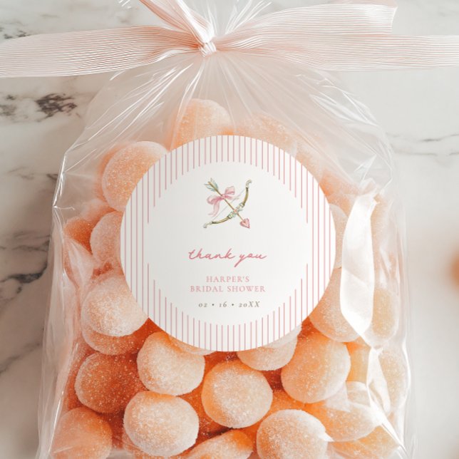 Adesivo Redondo Cupid Arrow & Stripes Bridal Shower Thank You (Criador carregado)