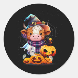 Adesivo Redondo Curiosa Vaca do Planalto Pumpkin no Halloween Ocid
