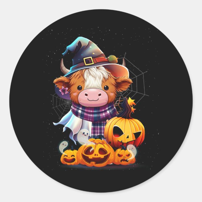Adesivo Redondo Curiosa Vaca do Planalto Pumpkin no Halloween Ocid (Frente)