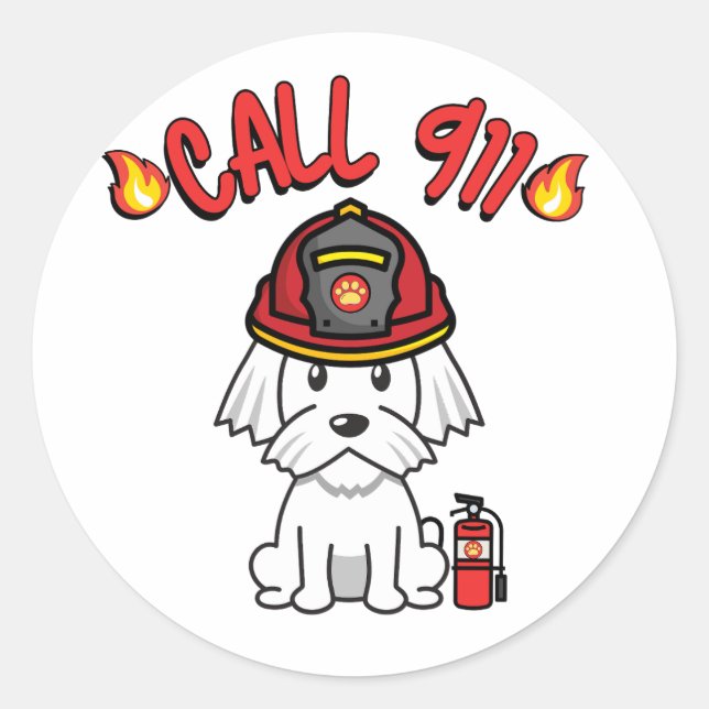 Adesivo Redondo Curioso cão branco é bombeiro (Frente)