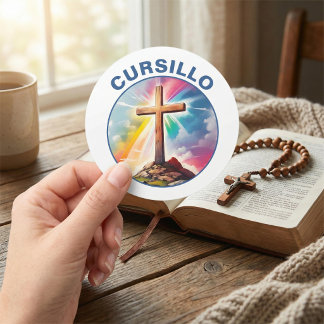Adesivo Redondo Cursillo Wood Cross With Rainbow and Clouds