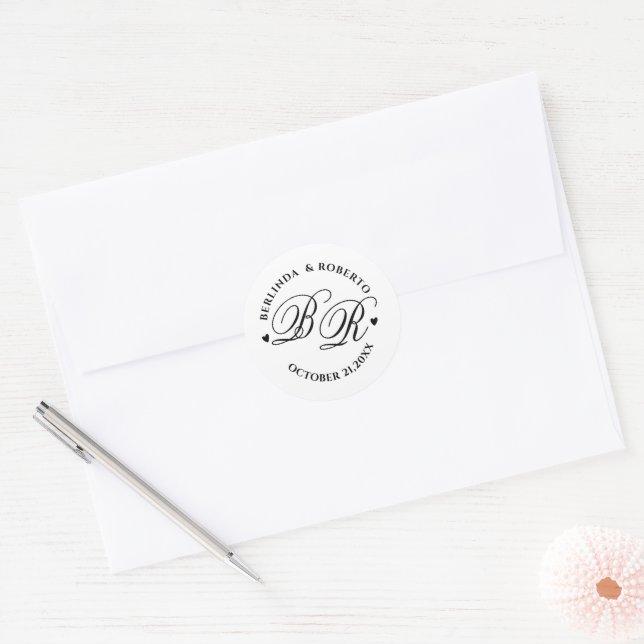 Adesivo Redondo Custom black and white Monogram Wedding  love (Envelope)