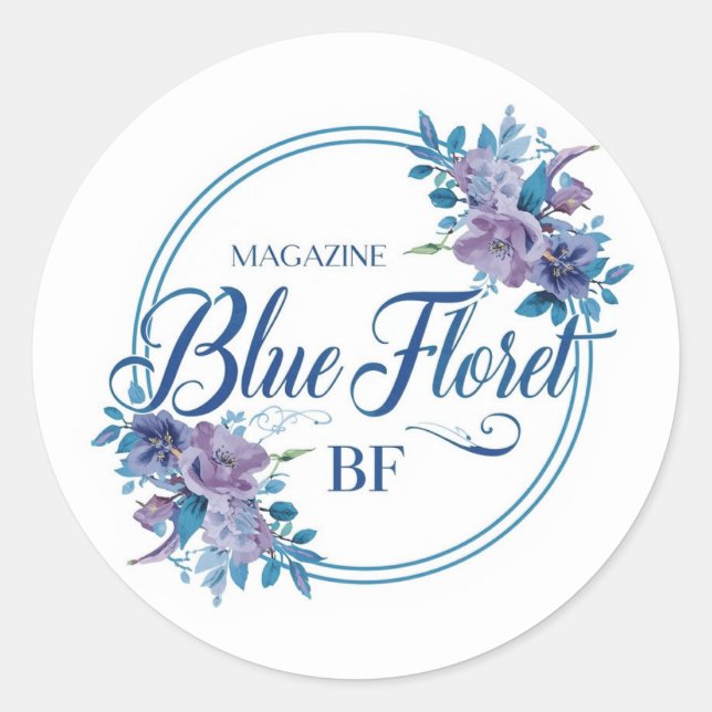 Adesivo Redondo Custom Blue Floral Logo Sticker – Elegant Round  (Frente)