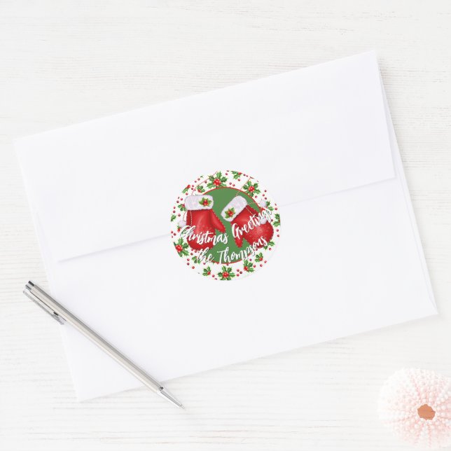 Adesivo Redondo Custom Classic Holiday Green Holly Red Berries (Envelope)