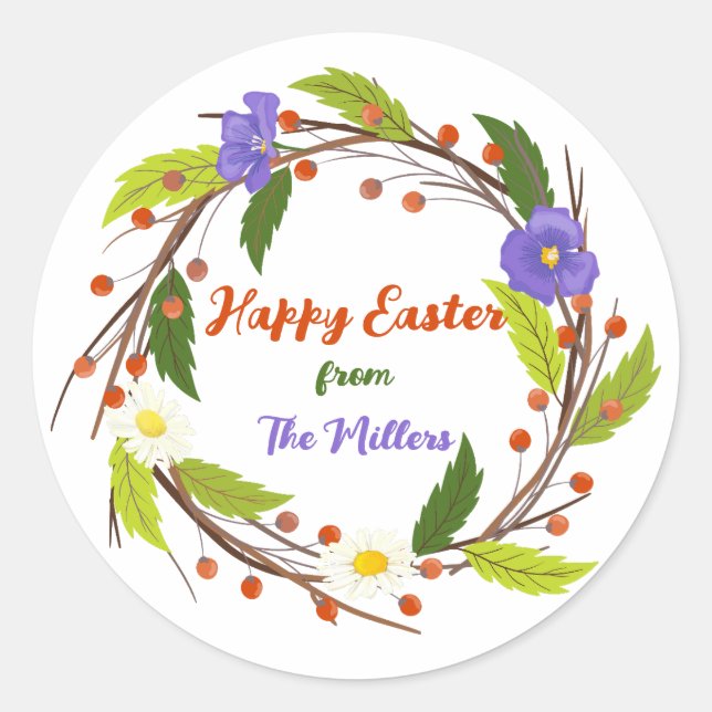 Adesivo Redondo Custom Easter Wreath Sticker with Family Name (Frente)