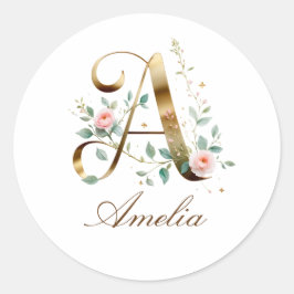 Adesivo Redondo Custom Gold Floral Letter A Round Sticker
