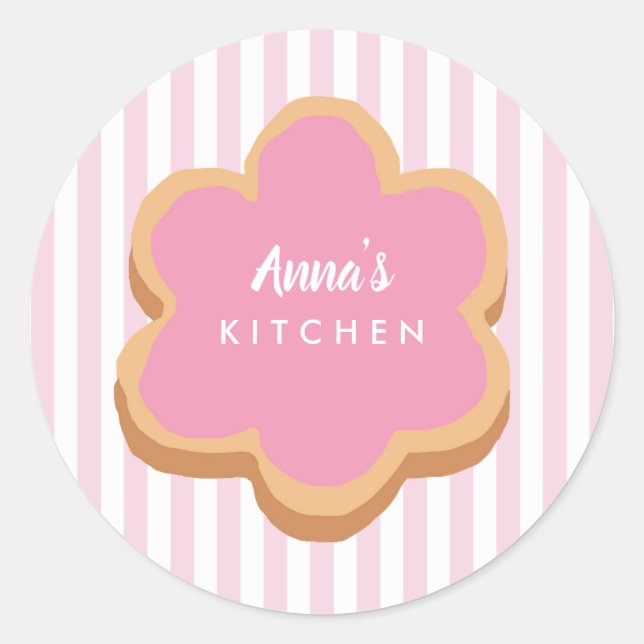 Adesivo Redondo Custom Name Cookie Pink Stripe Kitchen (Frente)
