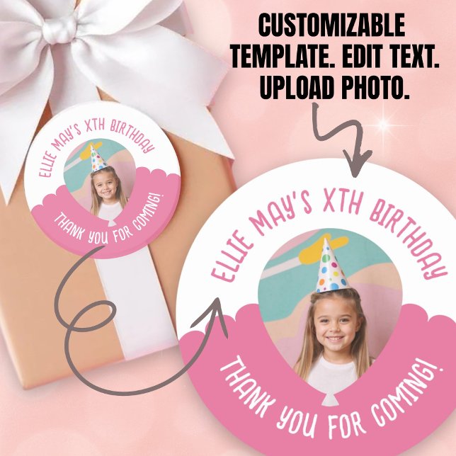 Adesivo Redondo Custom Photo Any Age Thank You Birthday Balloon (Custom Photo Any Age Thank You Birthday Balloon Classic Round Sticker.)