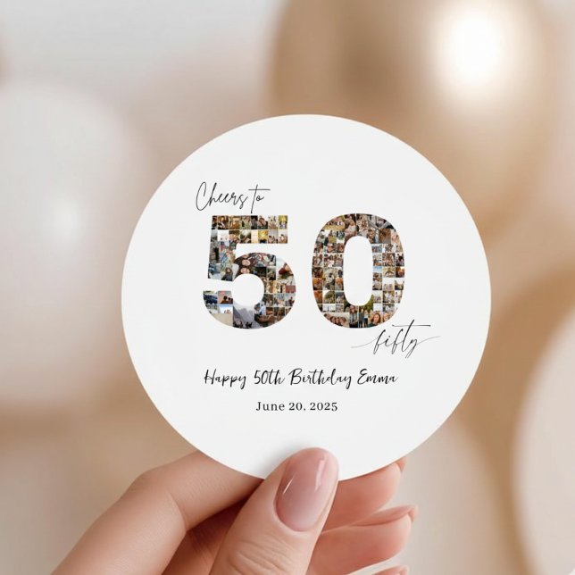 Adesivo Redondo Custom Photo Collage 50th Birthday Party Stickers  (Criador carregado)