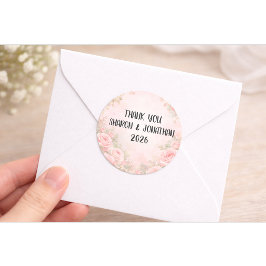 Adesivo Redondo Custom Pink Floral Wedding Thank You Sticker