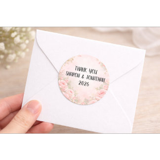 Adesivo Redondo Custom Pink Floral Wedding Thank You Sticker