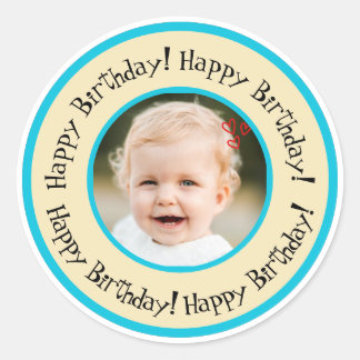 Adesivo Redondo Custom Round Birthday Photo Beige & Turquoise