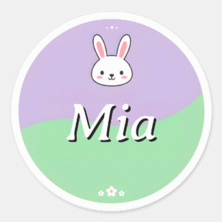 Adesivo Redondo Customizable Kids Name Sticker – Bunny & Flowers