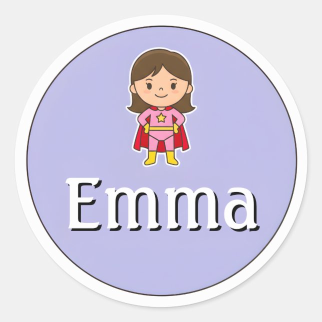 Adesivo Redondo Customizable Kids Name Sticker – Girl Superhero (Frente)