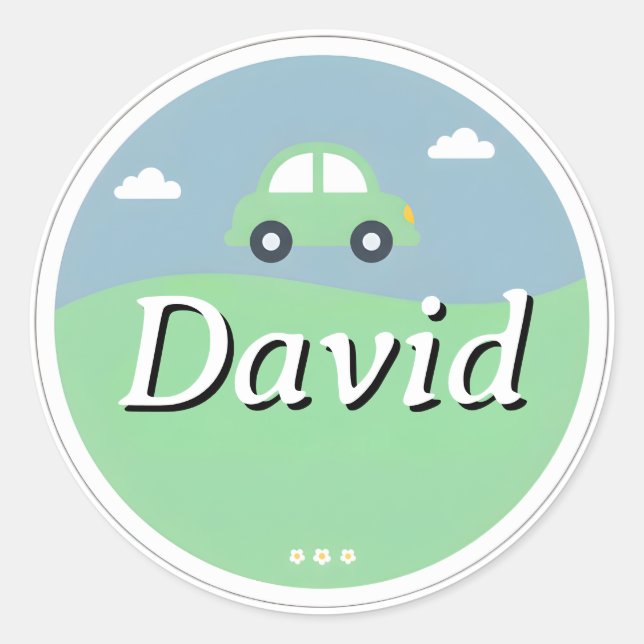 Adesivo Redondo Customizable Kids Name Sticker – Green Car (Frente)