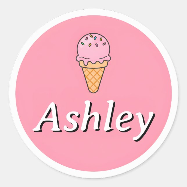 Adesivo Redondo Customizable Kids Name Sticker – Pink Ice Cream  (Frente)