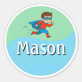 Adesivo Redondo Customizable Kids Name Sticker – Running Superhero