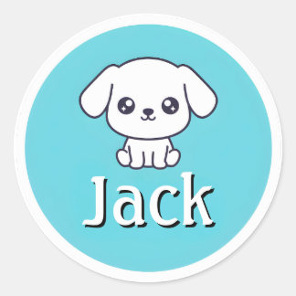 Adesivo Redondo Customizable Kids Name Sticker White Puppy Design