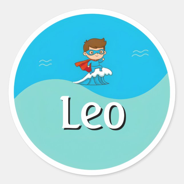 Adesivo Redondo Customizable  Ocean Hero Design Kids Name Sticker (Frente)